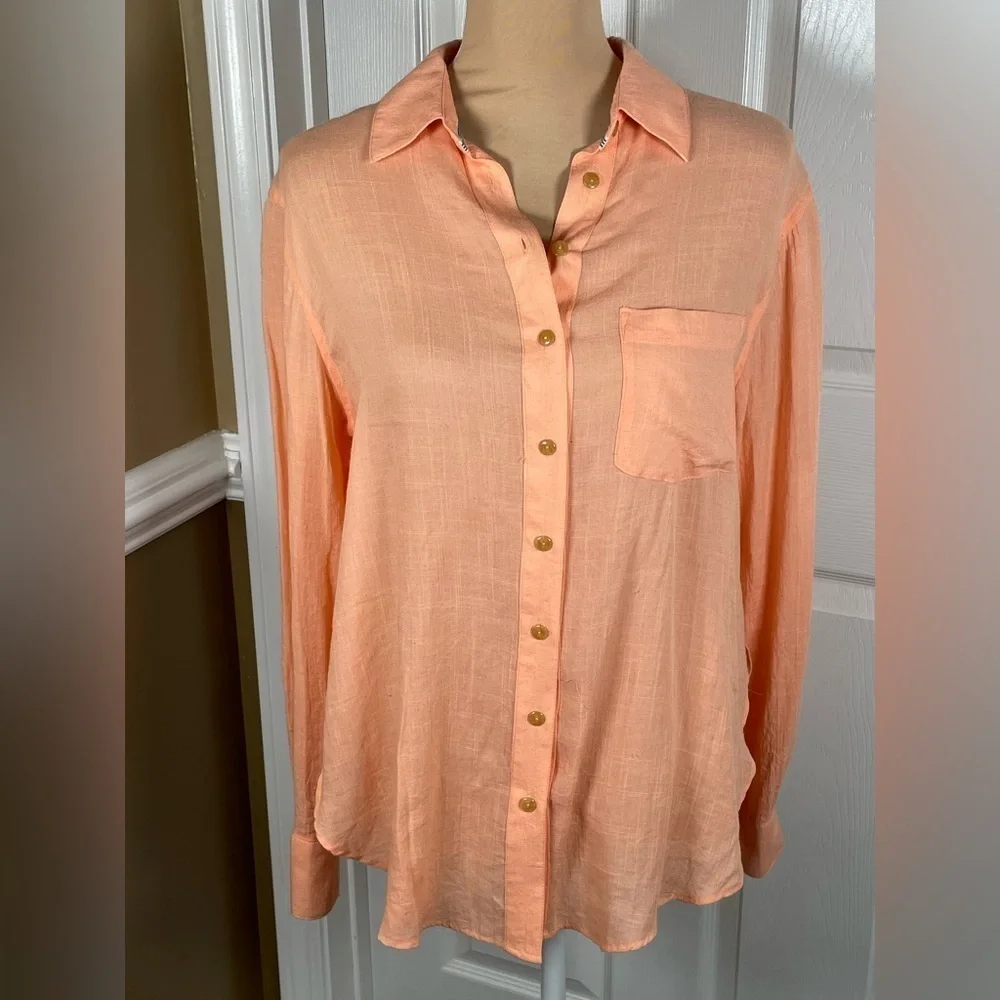 Free People Womens That's a Wrap Button Down Tie Front Shirt in Peach Coral Pink